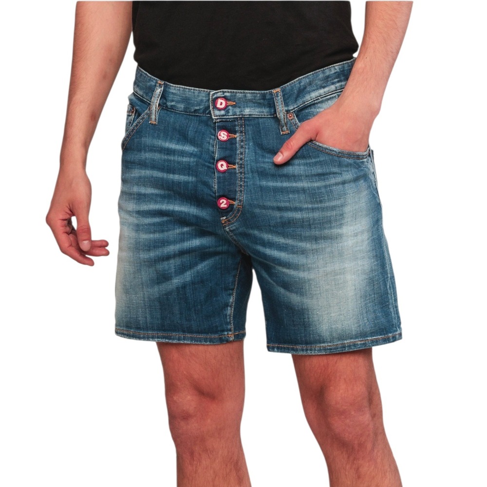 DSQUARED2 Men Dan Commando Denim Shorts Blue Sz 30 Red Button Fly Distressed Y2K